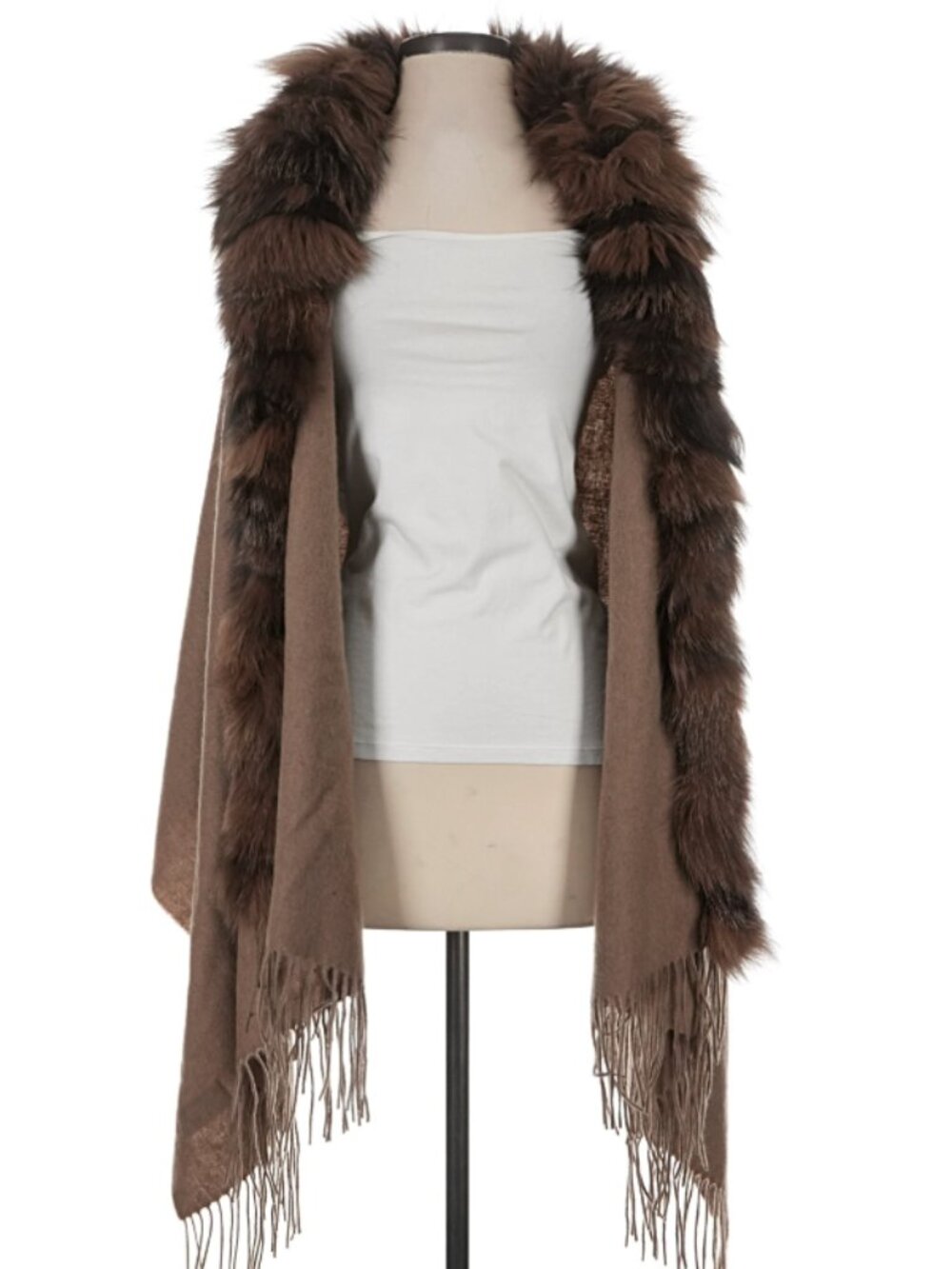 Real Fox Fur Trim Wool Blend Fringe Wrap Poncho Shawl Taupe OS